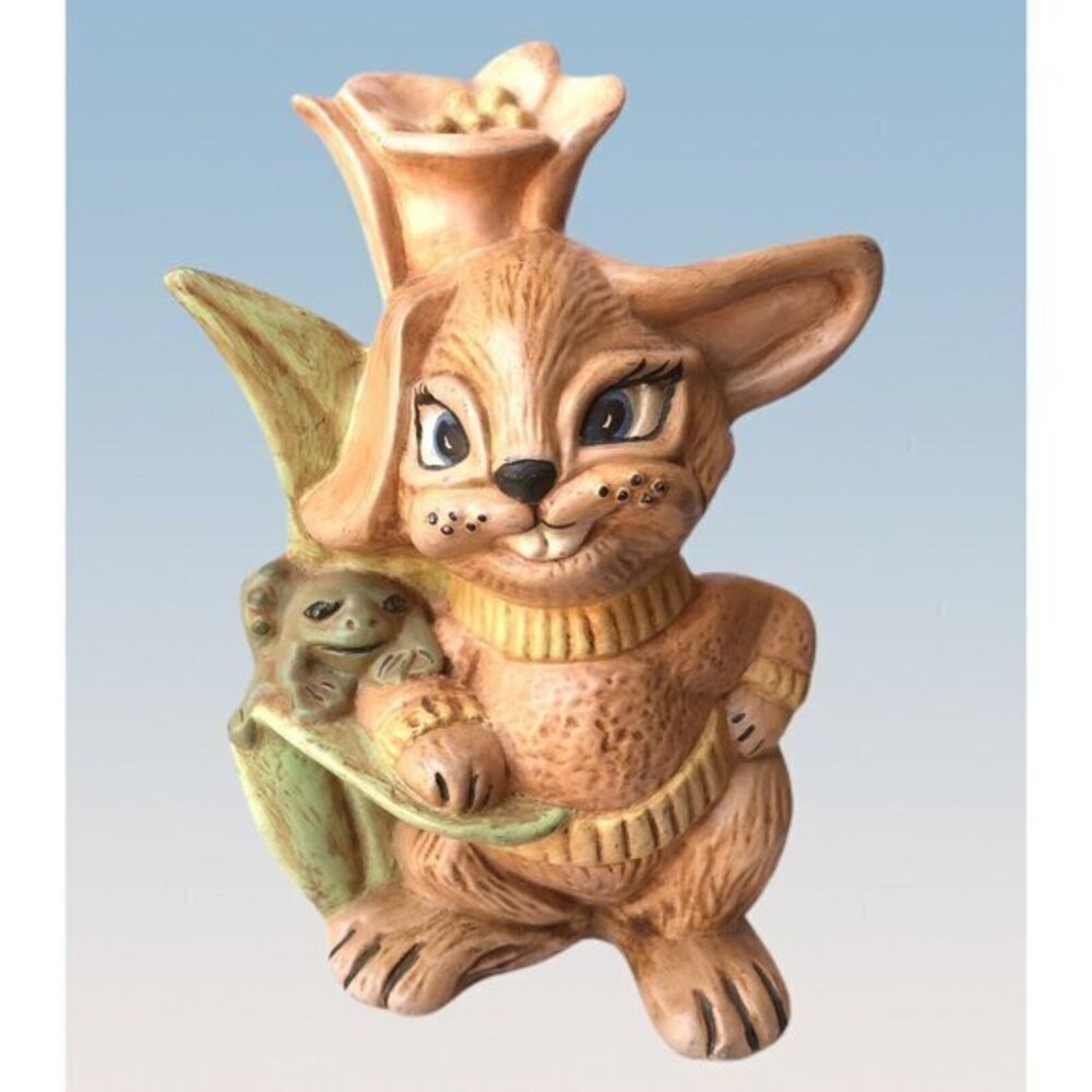 Vintage Bunny Rabbit with Frog Figurine Ceramic 6” Signed